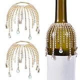PLIGREAT 2 Pcs Rhinestone Decorative Wine Bottle Fringe, Long Sliver Jewel Tassel Bling Wedding Bottle Cover Veil for Party Table Decorations