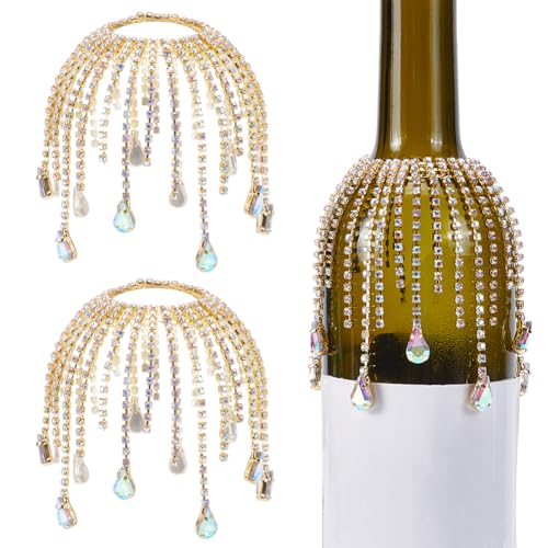 PLIGREAT 2 Pcs Rhinestone Decorative Wine Bottle Fringe, Long Sliver Jewel Tassel Bling Wedding Bottle Cover Veil for Party Table Decorations