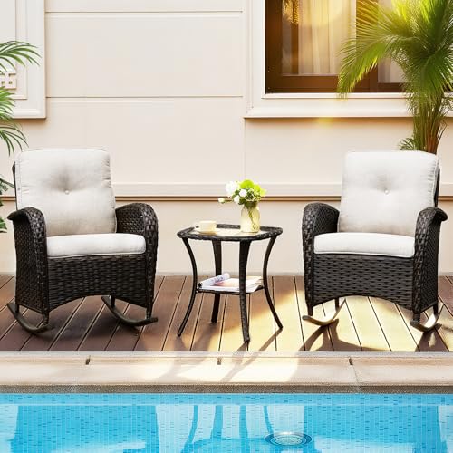 Gsohxczer 3-Piece Outdoor Wicker Rocking Chair Set with Cushions & Glass Side Table