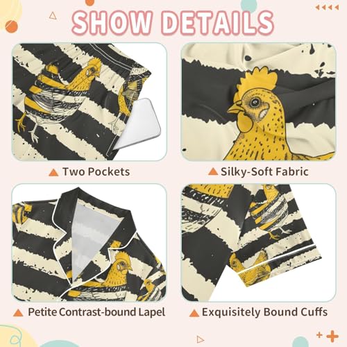 senya Chickens Wearing Stripes Satin Summer Pajama Sets Silk Short Sleeve Button Down Sleepwear3