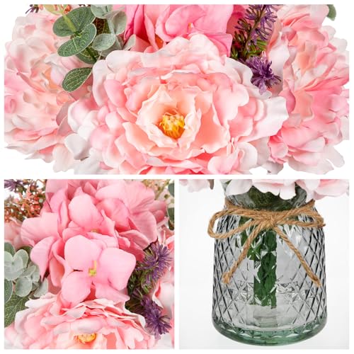 Flores de seda rosa Oaise y plantas artificiales decorativas con jarrón para salas de estar 7