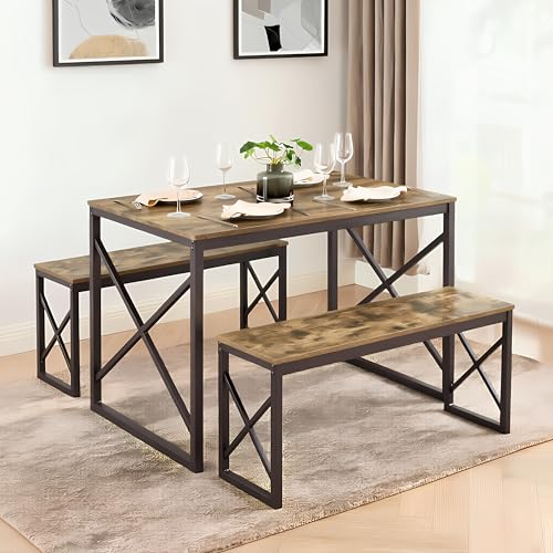 Image of VECELO 43.3 inch Kitchen Dining Table Set for 4, Heavy-Duty Steel Frame & Wood-Grain Tabletop, Space-Saving Dinette Sets with 2 Benches for Breakfast Nook and Small Space, Brown