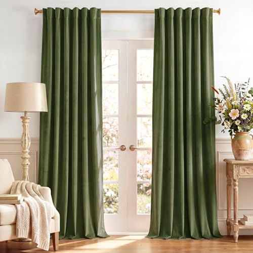 Image of Moss Green Velvet Curtains Back Tab for Chrismas, W52 x L84, 2 Pcs | 84 inches Length, Thermal Insulated, Back Tab Curtain Panels Elegant Decor, Window Drapes for Dining Room, Bedroom, Office