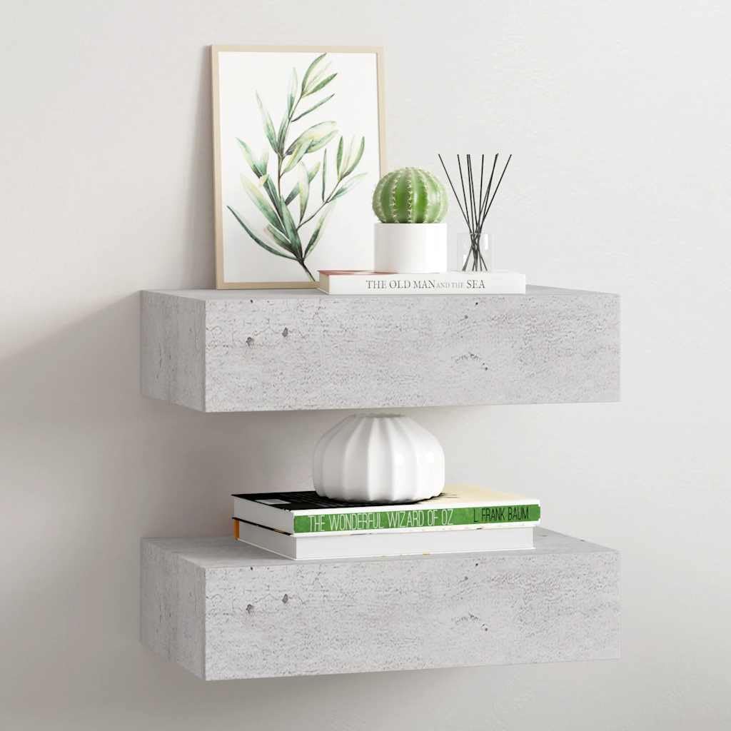Étagères murales en MDF gris béton 40 x 23.5 x 10 cm avec tiroirs intégrés de rangement