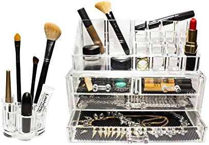 Space Hax ® Clear Acrylic Jewelry Makeup Cosmetic Storage Vanity Display Box and Acrylic Flower Cosmetic and Makeup Brush Holder with 12 Spaces- Three Pieces Set