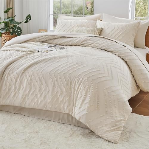 Image of Andency Beige Queen Comforter Set, Bed in a Bag - 7 Pieces Boho Tufted Cream Bedding Set with 1 Comforter, 1 Flat Sheet, 1 Fitted Sheet, 2 Pillow Shams, 2 Pillowcases