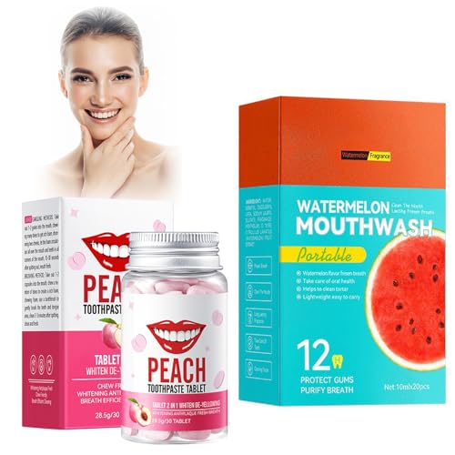 30 Pcs Dentífrico Sólido, 20 Pcs Enjuague Bucal, Pasta Dentífrica Masticable, Enjuague Bucal De Viaje Para El Cuidado Bucal, Limpiar Los Dientes Y Refrescar El Aliento (Melocotón + Sandía)
