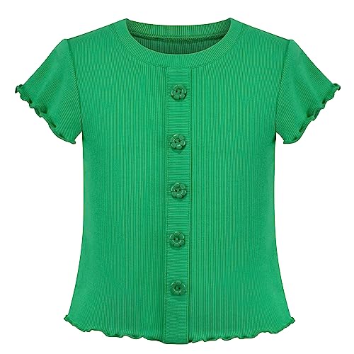Image of Sunny Fashion Girls T-Shirt Crop Top Brown Lettuce Trim Ribbed Knit Button Casual