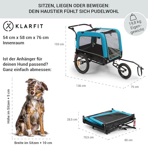 Klarfit Fahrradanhänger für Hunde, 2-in-1 Hundebuggy, Klappbar, Fahrradanhänger, Hundeanhänger Gefedert mit Reflektoren & Leine, für Hunde bis 40kg