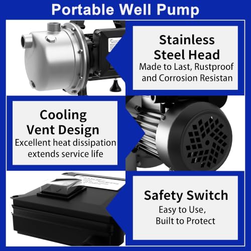Image of LANCHEZ 1 HP Shallow Well Pump, 1500 GPH Stainless Steel Garden Irrigation Pump, 115V Water Transfer Pump, Water Booster Jet Pump for Home Garden Lawn Farm, Jet black