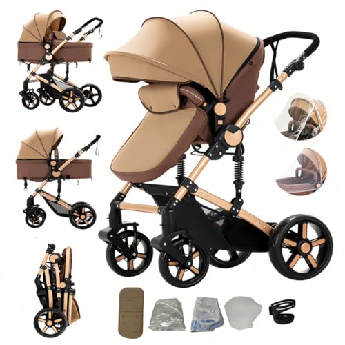 Image of 2 in 1 Baby Stroller with Bassinet Mode, Reversible Infant Pram, One-Click Folding, Newborn Travel Stroller, Convertible Toddler Standard Pram Carriage (2US588-KHAKI)