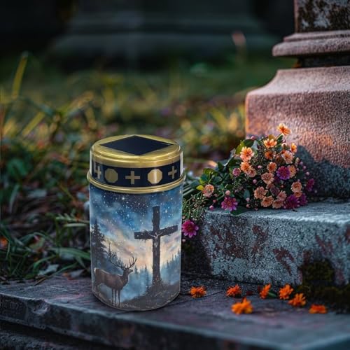 Image of Poceacles 2 Pieces Cross Solar Powered Outdoor Lights Cemetery Solar Candle Solar Memorial Lights Outdoor Waterproof Landscape Lights for Yard Patio Lawn Outdoor Home Decor, Deer Cross Galaxy Blue