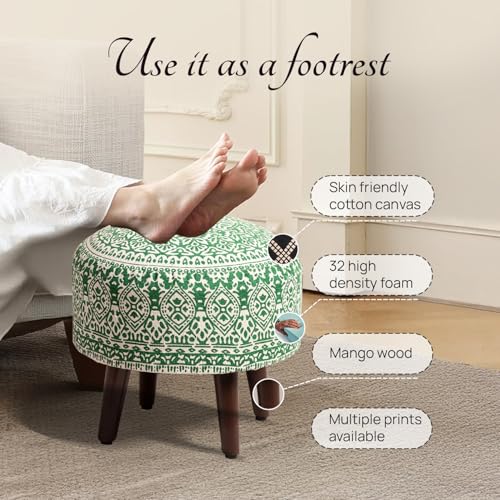 Image of nestroots Wooden Ottoman Stools for Living Room | Printed Poufes for Sitting, Foot Rest with 4 Wooden Legs | 14 Inch Height, Green | Stylish & Comfortable Furniture for Home Decor