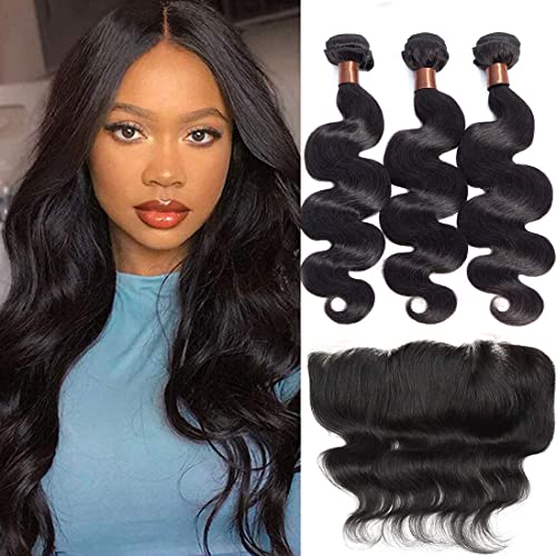 Cranberry Hair Brazilian Body Wave Virgin Hair 3 Bundles Wefts with 13X4 Ear to Ear Free Lace Frontal Closure 100% Human Hair Extensions Natural Color (16 18 20+14, Body Wave Bundles with Frontal)