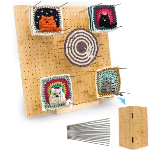15.75' x 15.75' Granny Square Blocking Board Foldable, Bamboo Blocking Boards for Crochet Projects with Pegs, Blocking Boards for Crochet Projects, Gifts for Mothers, Grandmothers (Bamboo-B 15.75‘’)