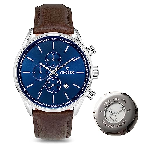 Vincero Luxury Watch for Men - Chrono S Men's Watch, 43mm Stainless Steel, Top-Grain Italian Leather Band, Quartz Movement, Men's Wrist Watch, Analog Watch, Automatic Watch (Blue/Brown)