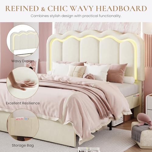 SHA CERLIN Full Size Bed Frame with LED Lights and Storage Drawer, Cream - Image 5