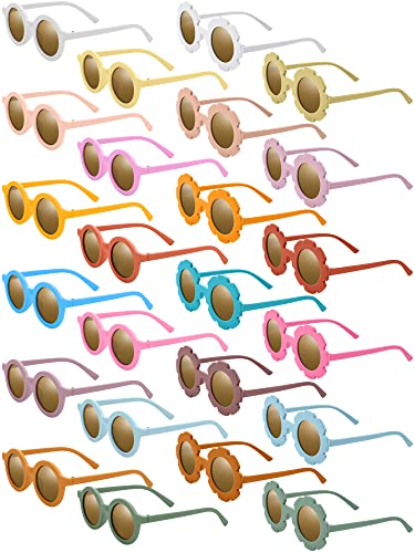 Dunzy 24 Pairs Kids Flower Sunglasses Retro Round Sunglasses for Toddler Girls Boys Beach Party, Aged 3-10