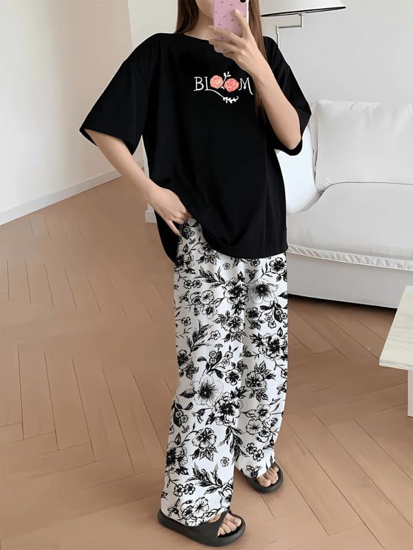 Image of KSHS Printed Round Neck Short Sleeve Nightsuit Set | Pajama Set | Casual Night Dress for Women
