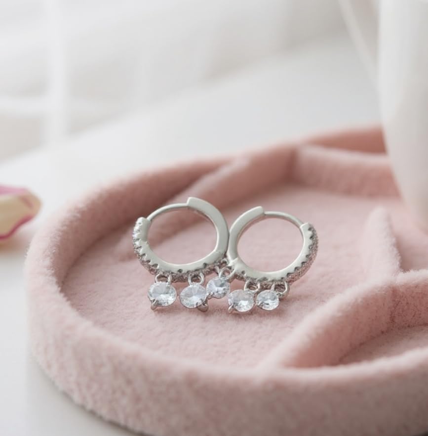 925 Sterling Silver Dainty Hoop Earrings with CZ Cubic Zirconia Drop Stones, 3/4 inch Drop, Hypoallergenic, Nickel Free - Image 4