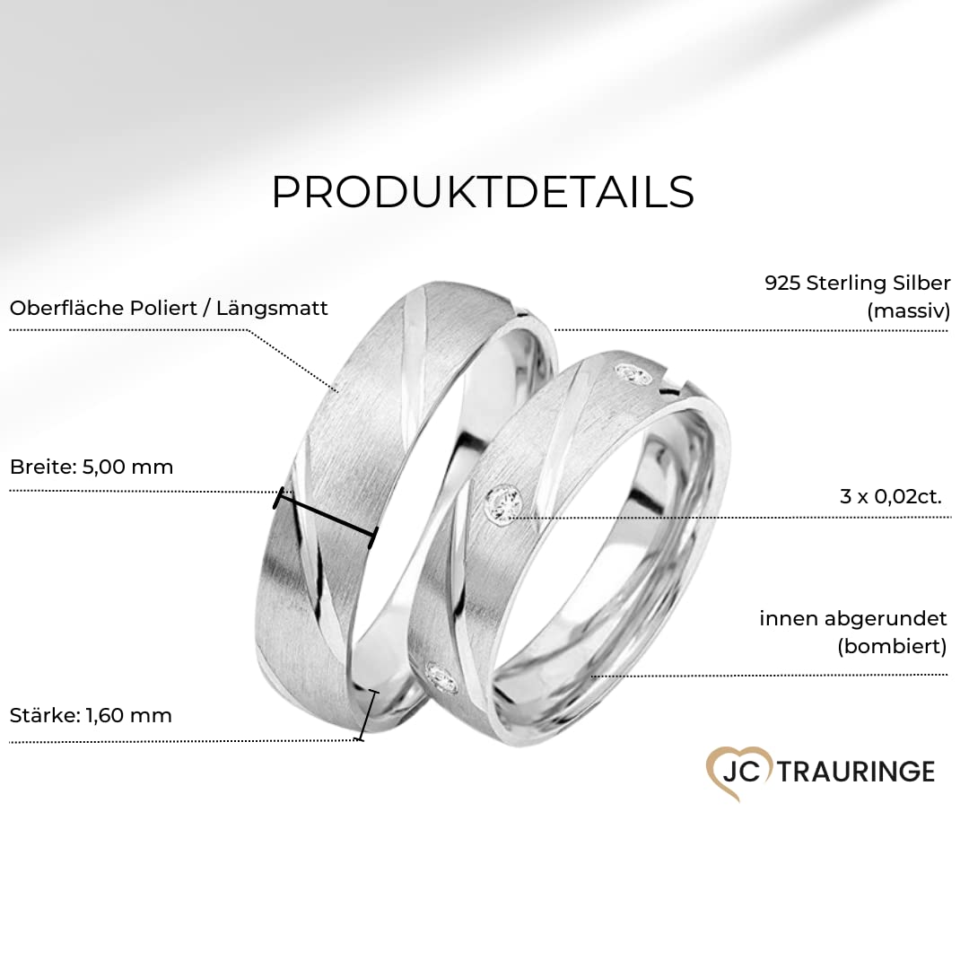 JC Trauringe 925er Sterling Silber Paar-Preis I Eheringe mit kostenfreier Gravur I Partnerringe 5 mm breit inkl. Etui I Damen-Ring mit Zirkonia-Steinen I Größe 48 bis 72 I A05-S