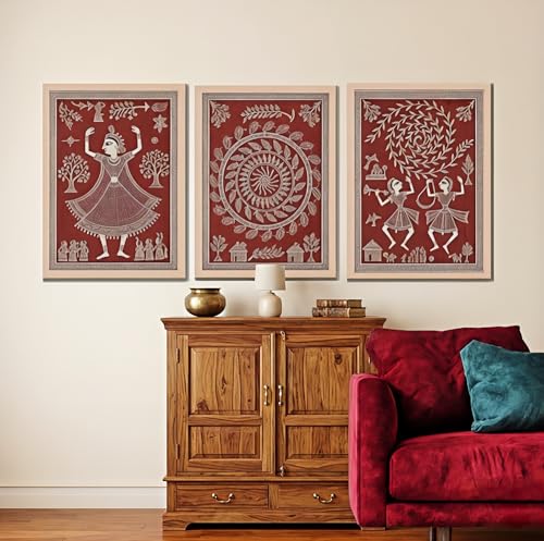Image of ARAkri Warli Art Paintings, Red and Terracota color Wall Art set, Traditional Wall decor Ideas, Framed Art set of 3 (Art 4, 13 x17 inch)