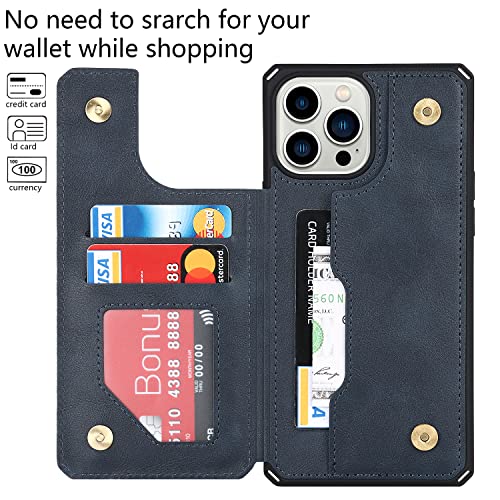 Image of Cavor for iPhone 14 Pro Case with Card Holder,for iPhone 14 Pro Wallet Case for Women Men,Phone Case for iPhone 14 pro with Stand Credit Card Holder, Leather Strap Shockproof Cover-Blue