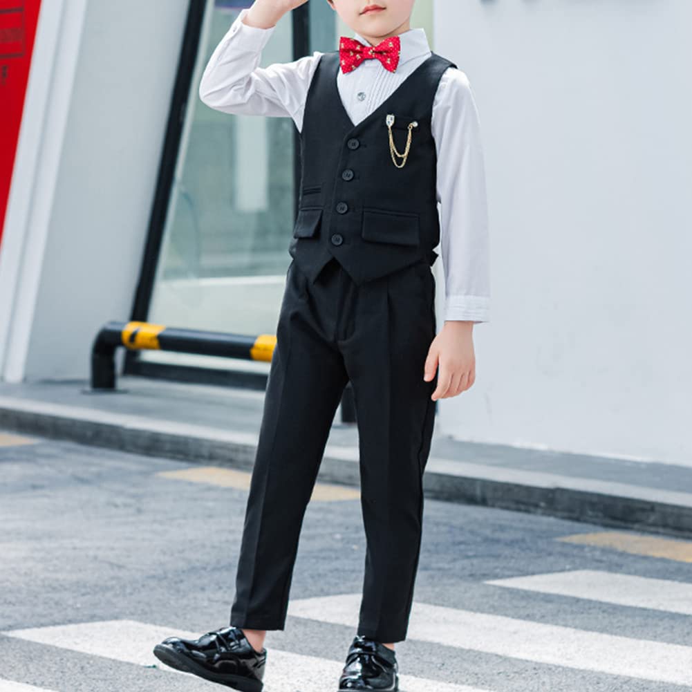 Traje de Caballero para Niño Conjunto de Ropa Formal para Ceremonia Boda Fiesta Bautizo Infantil Juego de 4 Piezas Conjunto de Camisa Manga Larga+Chaleco+Pantalones+Corbata de Moño para Chicos