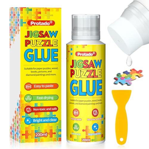 Protado Jigsaw Puzzle Glue, 200ML Clear Non-Toxic and Quick Dry Puzzle Sealer with New Sponge Head and Applicator for 1000/3000/5000 Piece Puzzles of Paper Wood Diamond Painting Art DIY Craft, 1 Pack