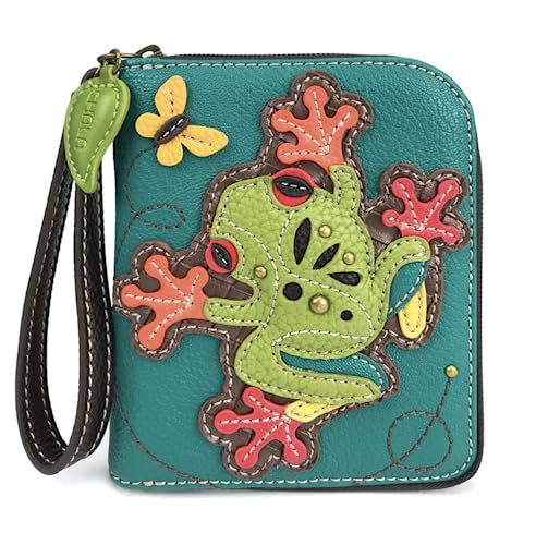 Image of CHALA Zip Around Wallet, Wristlet, 8 Credit Card Slots, Sturdy Pu Leather - Frog - Turquoise