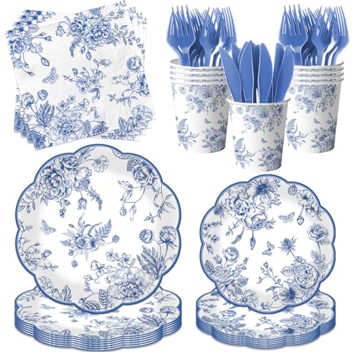 Blue Floral Plates 144Pcs Blue Toile Scalloped Paper Plates and Napkins includes Flower Paper Plate and Flower Napkins Vintage Floral Plate for Wedding Bridal Tea Party Supplies