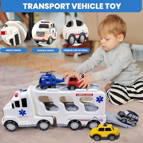 Image of Kidology 5 in 1 Ambulance Truck Toys for Kids Ages 3+ Years - Friction-Powered Cars with Light & Music, Educational Transport Truck Toy Vehicle for Boys & Girls, Birthday Gift