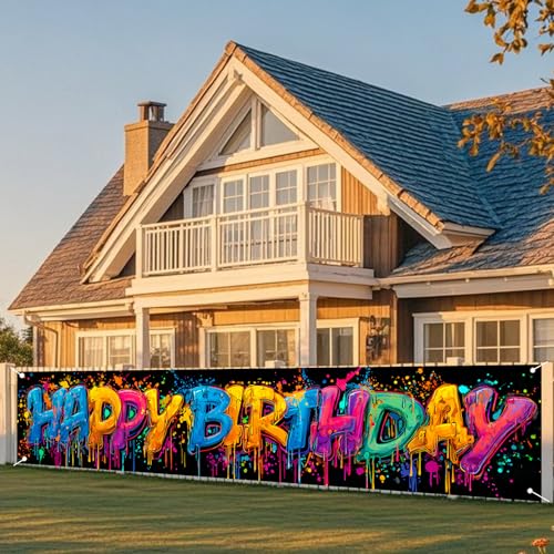 Image of Nuxovilar Happy Birthday Splashing Paint Banner 18x79 Polyester | Street Poster, Panoramic Sign splashing paint banner, spray art gate, porch, playroom (Paint Splash)