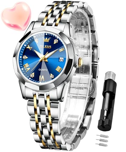 OLEVS Damenuhr Diamant Analoge Armbanduhr mit Kleines Blau Gesicht Edelstahlband wasserdichte Datum Uhr