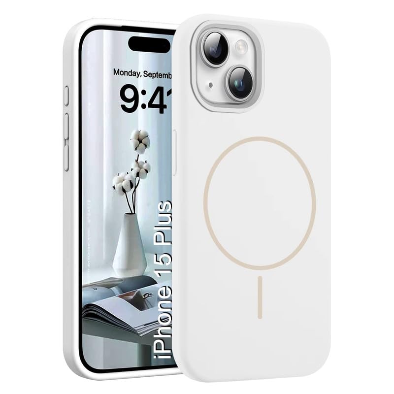 Image of LuxuryKase Silicone Magnetic Case for iPhone 15 Plus | Soft Microfiber Lining | MagSafe Support | Shockproof Protective Cover | Precise Cutouts | Slim Fit Design - White