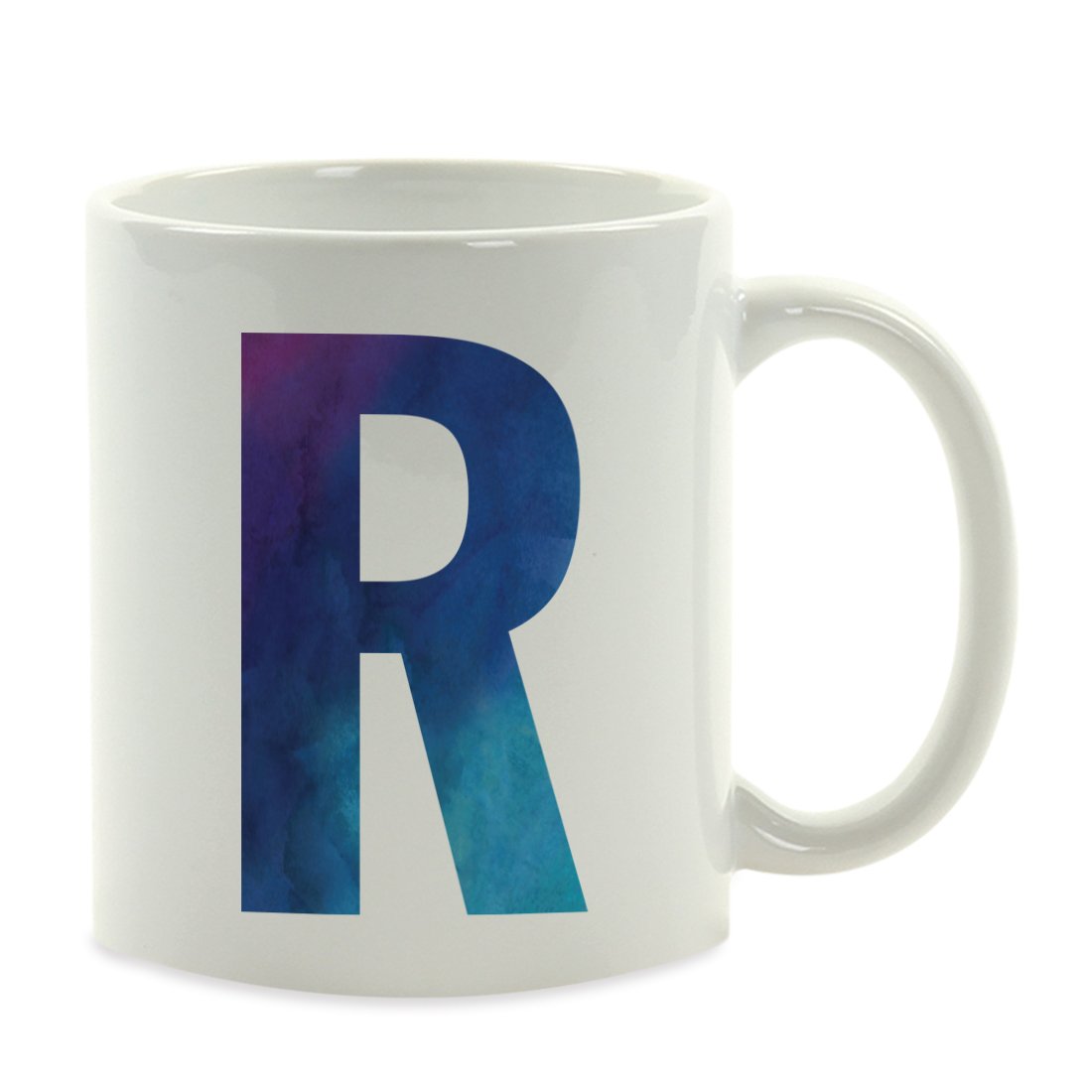 Taza De Cerámica Monograma de la letra R en acuarela azul y púrpura Taza