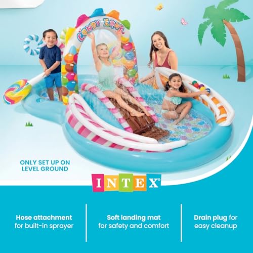 Image of INTEX Candy Zone Inflatable Kiddie Pool: Inflatable Kids Pool with Water Sprayer and Slide - Splash Pad - 116 inch x 75 inch x 51 inch - Ages 3+