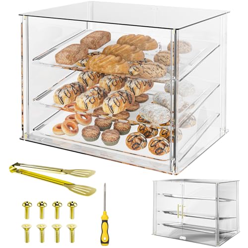 Cityjoy Vitrina de panadería de 3 bandejas con puertas traseras magnéticas, vitrina acrílica de 20.8 x 15.8 x 16.9 pulgadas, con bandejas extraíbles y pinzas de acero, vitrina de alimentos para pastel