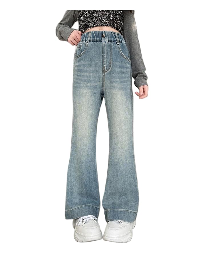 MW&FOFJR Girls Jeans Casual Denim Pants High Waist Flare Leg Trousers with Pocket