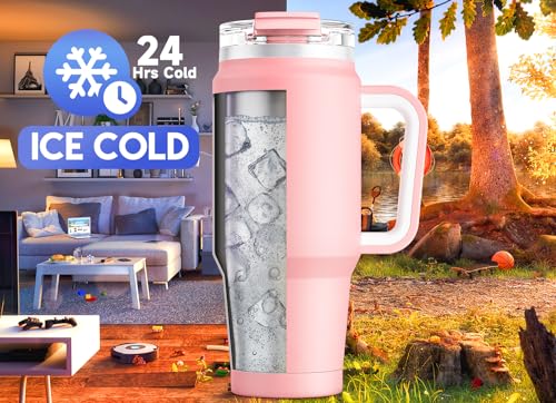 Image of Meoky 32 oz Tumbler with Handle, Insulated Tumbler with Lid and Straw, Stainless Steel Travel Mug, Keeps Cold for 24 Hours, 100% Leak Proof, Fits in Car Cup Holder (Blush)