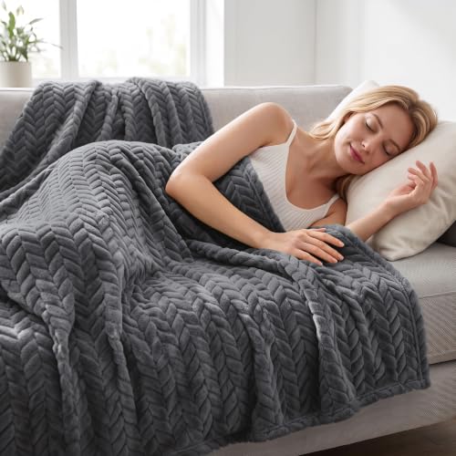Image of Exclusivo Mezcla Dark Grey Fleece Throw Blanket for Couch and Bed, 50x70 Inches Soft Cozy 3D Decorative Jacquard Flannel Blankets, Lightweight Fuzzy Plush Warm Throws for All Seasons