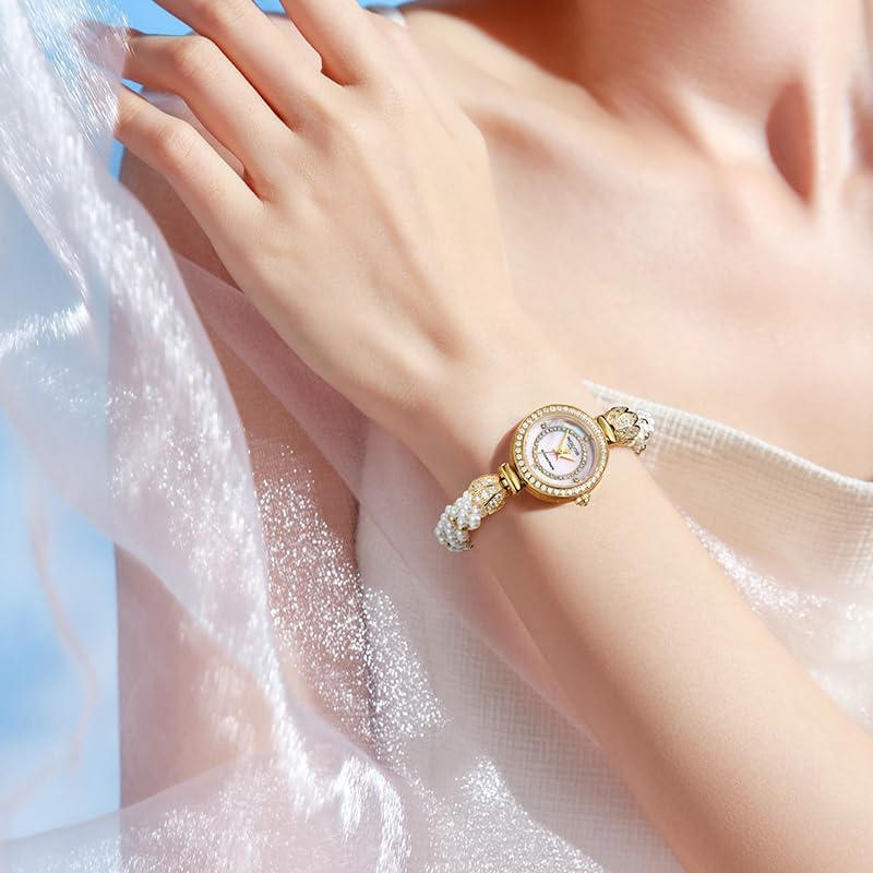 R0262 Bracelet Watches for Women,Fashion Gold Dress Watch,Women's Pearl Bracelet Watch,Dazzling/Pink Dial,Adjustable Stainless Strap,Waterproof,Gift for Women - Image 3