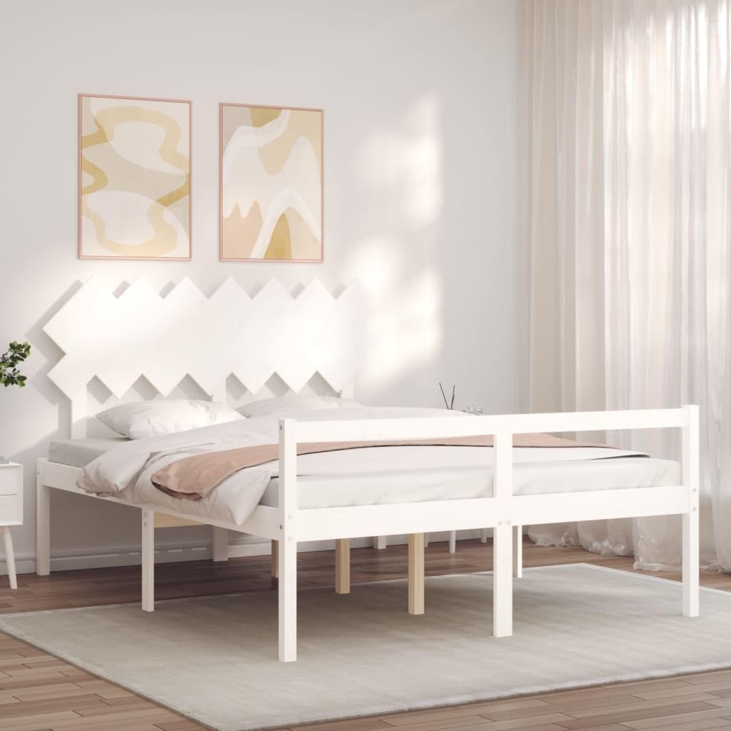 Seniorenbett aus massivem Kiefernholz 140x190 cm Weiß mit Kopfteil und Stauraum, seniorengerechtes Bettgestell mit Lattenrost für Schlafzimmer und Gästezimmer