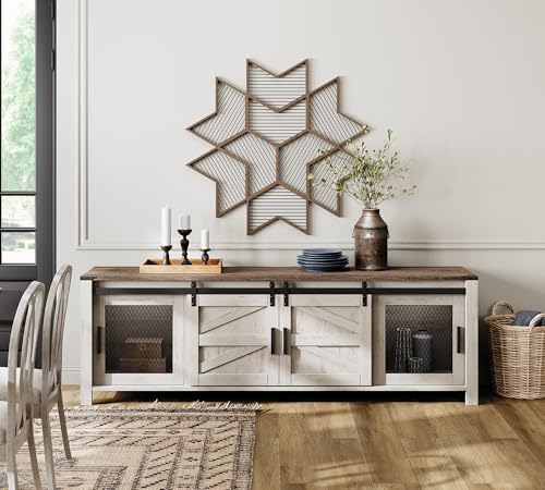 Image of WAMPAT Farmhouse TV Stand for 75 inch TV, Rustic Oak and White
