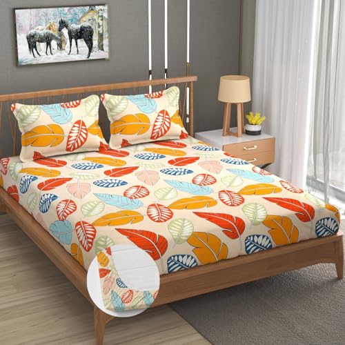 Image of Premium Heavy Cotton Elastic Fitted Bedsheets with 2 King Size Pillow Covers | Diwan Bed with All Around Elastic 350 TC | 48 x 78 x 6 Inch Diwan Size Fitted | :- Colorfull Cordate