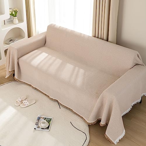 LHGOGO Waffel Sofa Überwurfdecke 180x300cm Große 3 Sitzer Sofaüberwurf Vielseitige Wohndecke als Sofadecke, Couch Überwürf, Sofa Überzug und Tagesdecke mit Deko Quasten - Beige