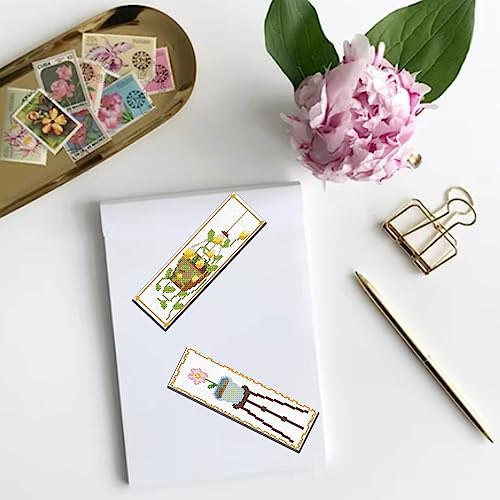 Image of FREEBLOSS 6 Set Cross Stitch Bookmark Kit Flowers Patterns Stamped Cross Stitch Kit with Instruction Embroidery Kit for Adults Beginners Reading Gift 8''x2.4''