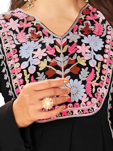 Image of Fabzoo Women's Georgette Embroidery Work & Original Mirror Anarkali Kurta Palazzo & Dupatta Set | Kurta & Palazzo Full Stitch And Full Inner | Palazzo Full Elastic.