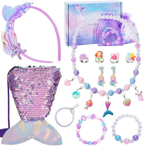 Ezytsyl Mermaid Jewelry for Toddler Girls, Kids Dress Up Play Accessories Costume Toys Set for Little Princess Age 3-4-5-6-7-8-9 Year Old, Necklace Headband Bracelet Rings Earrings Purse