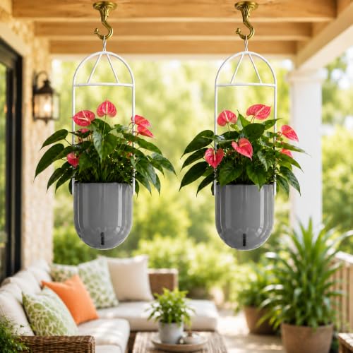 Image of Indian Discovery Self Watering Ceiling Hanging Planter|Hanging /Hooked Flower Pots for Home, Balcony, Vertical Garden Decor Flower Pots(2 PC,Grey,Sphere)|6 Inch UV-Resistant Plastic Plant Pots
